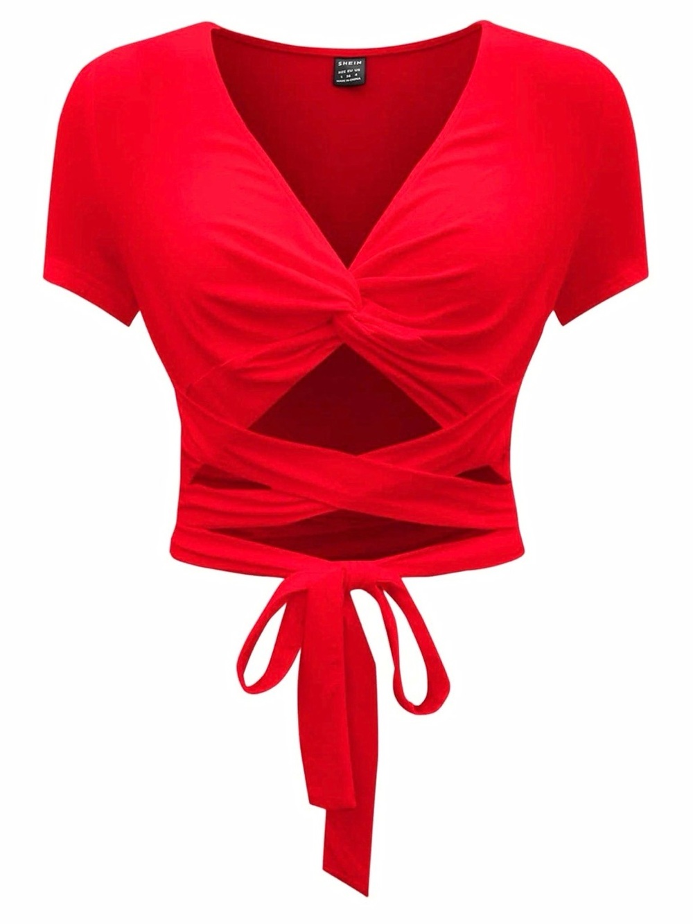 SHEIN Red V-Neck Short Sleeve Tie Wrap Cropped Crop Top XS Polyester Stretch